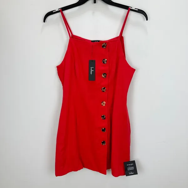 Lulus Chic Objective Red Button Front Mini Dress Linen Rayon Blend Medium NWT - Image 5
