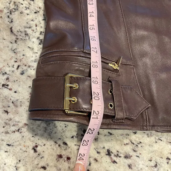 Via Spiga Moto Jacket Women S Brown Leather Biker Quilted Ribbed Gold Hardware - Image 10