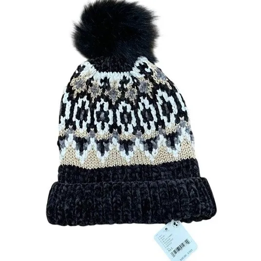 Free People Chalet Fairisle Pom Beanie Hat Black/Gold Metallic Combo One Size‎ - Image 3