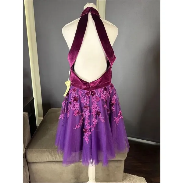 Women’s Velvet Halter Purple Party Dress Floral Tulle Skirt Size M NWT - Image 5