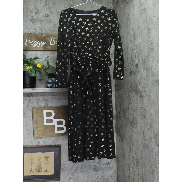 NWT Tommy Hilfiger Long Sleeve Ruched Waist Fit Flare Dress Black / Gold 8 - Image 5