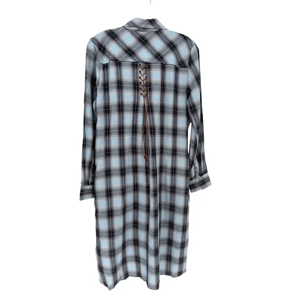 Democracy Plaid Flannel Dress Womens S Blue Distressed Hem Coastal Cowgirl Boho - Image 12