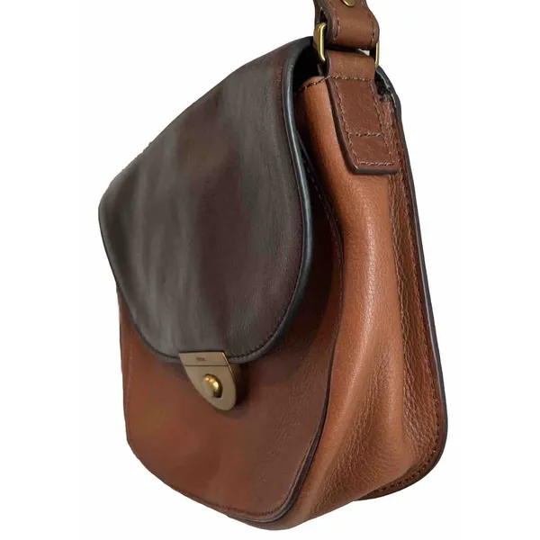 EUC FOSSIL Cognac Two Tone Brown Leather Crossbody Snap Closure Saddle Bag Purse - Image 4