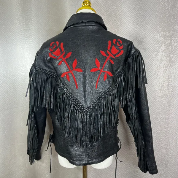Womens Black Leather Fringe Motorcycle Jacket Red Rose Embroidery Western Size M - Image 2