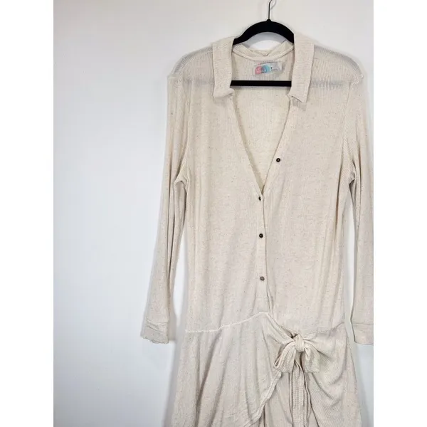 FP Beach x Revolve Lively Women Romper Beige Linen Ribbed V Neck Waist Tie Small - Image 5