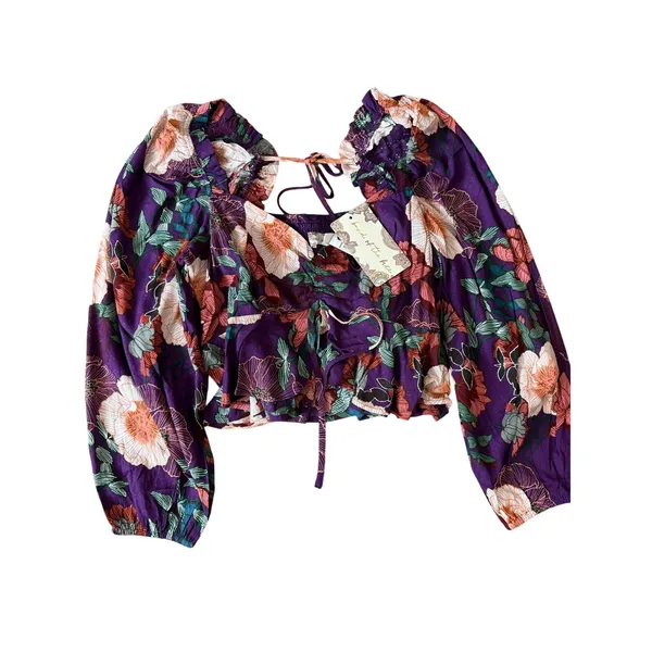 Band of the Free Floriane Boho Girly Floral Long Sleeve Crop Blouse Purple M - Image 2