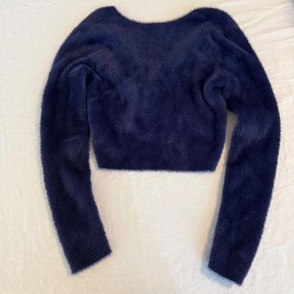 Aerie Navy Blue Fuzzy‎ Twist Front V-Neck Cropped Sweater Large - Image 5