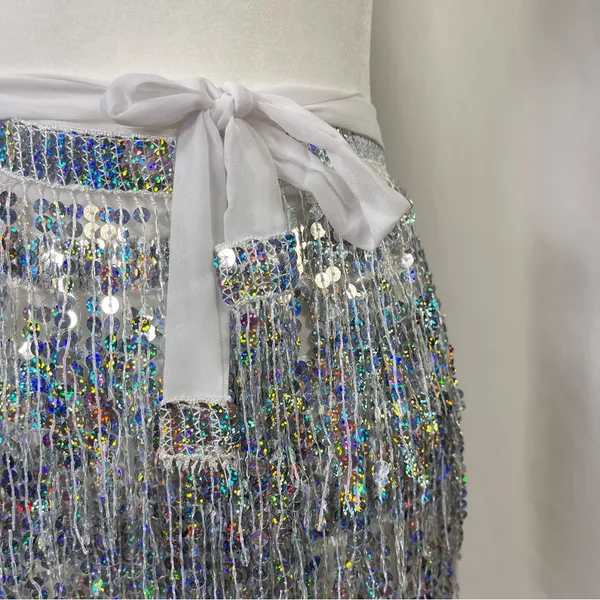 Disco Sparkling Small Silver Sequin Mini Skirt Fringe Rave Party Concert Wrap - Image 3