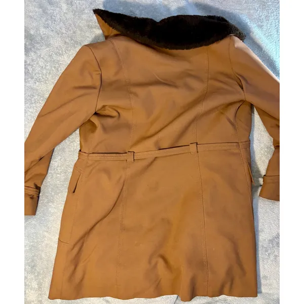 Vintage Camel Brown Double Breasted Faux Fur Collar Trench Coat Jacket Size 8 - Image 2