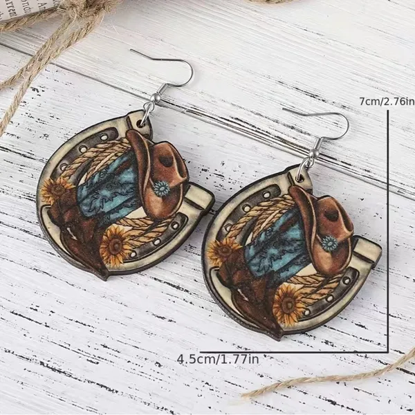 Western style wooden with‎ sunflower shape pattern drop hook earrings Brown - Image 4