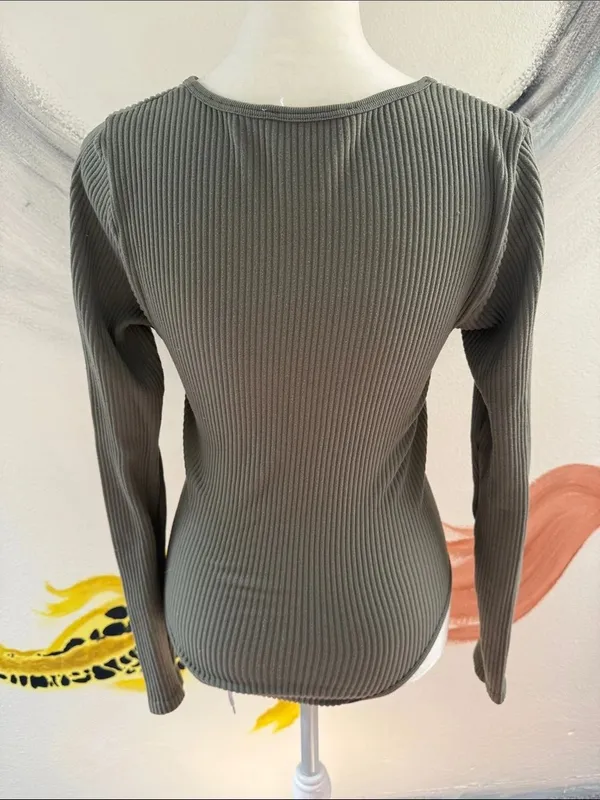 Hippie Rose Ribbed Long-Sleeve Bodysuit - Olive Green - Image 3