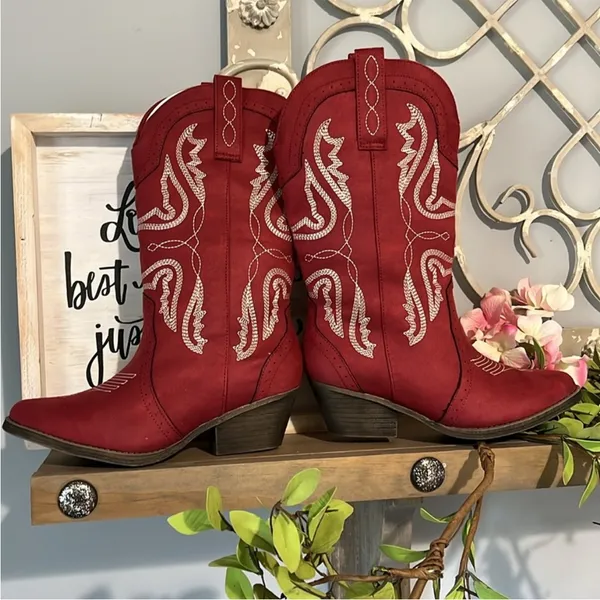 Red Cowgirl Boots Mid Calf Embroidered Western Cowboy Womens 6.5 New in Box - Image 9