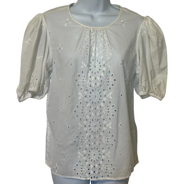 EXPRESS‎ Bright White Eyelet Puff Sleeve Floral Embroidered Blouse Top EUC Small - Image 2