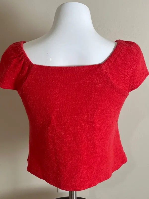 Madewell Texture & Thread Red Smocked Puff Sleeve Button Front Crop Top - Image 2
