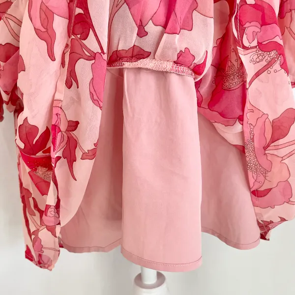 New Floral Print Twist Keyhole Front Long Sleeve Dress Pink Size XL - Image 9