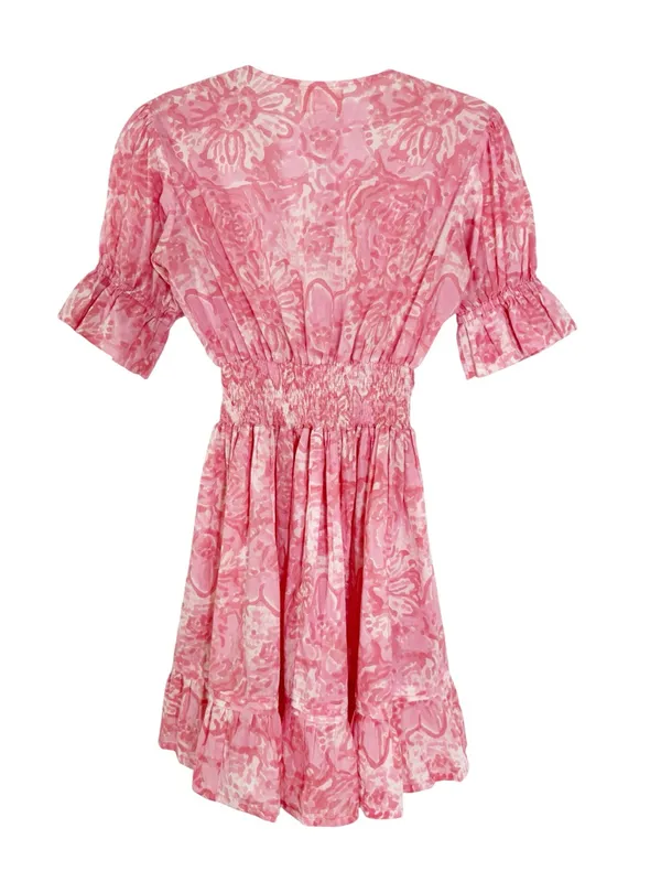 Lilbelle Pink Floral Smocked Waist Mini Dress Ruffle Sleeve Small - Image 4