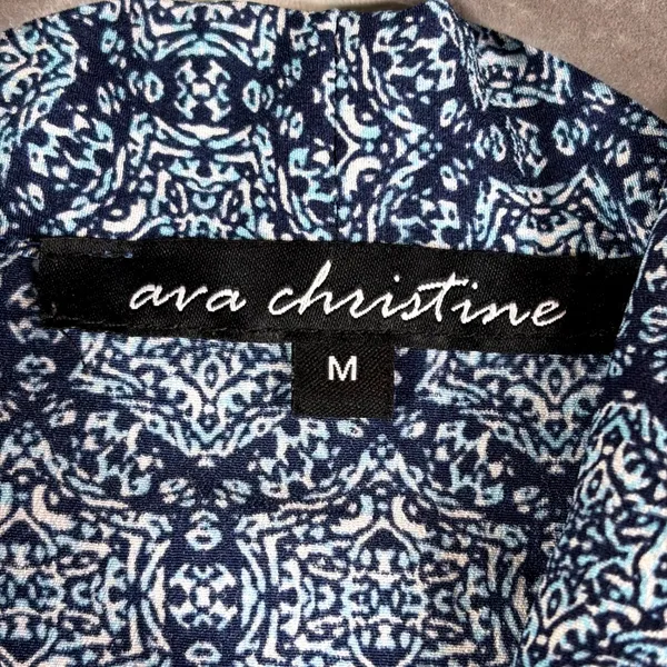 Ava Christine‎ Blue & White Geometric Sleeveless Blouse Split Neck Top Navy M - Image 6