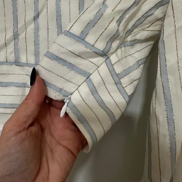 Tularosa x Revolve | Striped Blue Gold Metallic Bell Sleeve V-Neck Crop Top, S‎ - Image 5