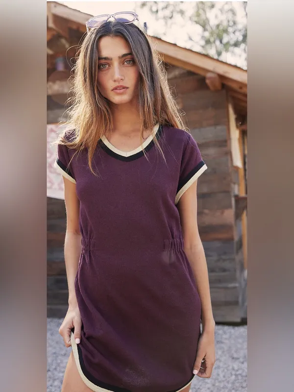 Free People Beach Retro Vibes Burgundy Mini Dress Size Medium - Image 3