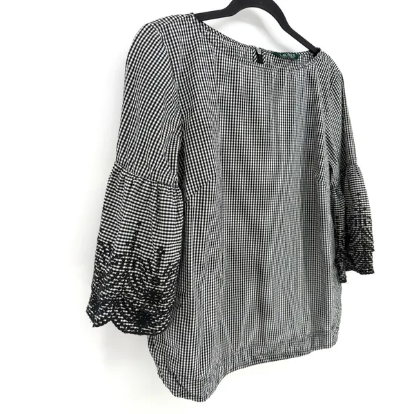 Lauren Ralph Lauren Blouse Gingham Black White Embroidered Bell Sleeve Top M/L - Image 4