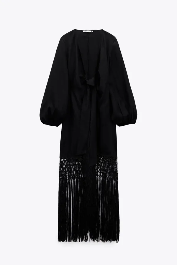 Zara dress midi black linen fringed fringes boho - Image 8