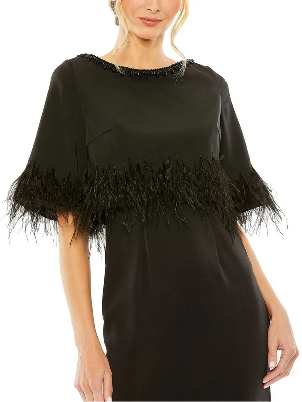 Mac Duggal Black Size 4 Feather Trim 1/4 Sleeve Long Column Gown Dress - Image 2