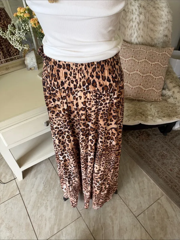 Paper heart pull on boho leopard print linen maxi skirt L - Image 9