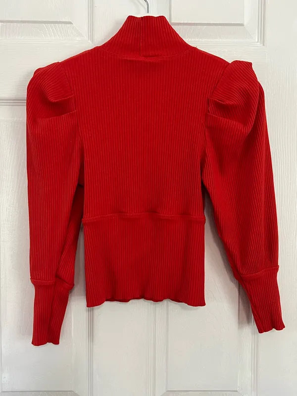Free People Red Ribbed Mock Neck Puff Sleeve Knit Top Romantic Coquette Boho M - Image 3