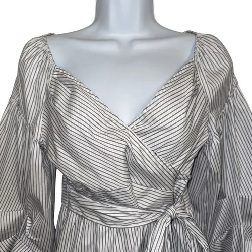 EXPRESS Belted Wrap Tie Top 3/4" Balloon Sleeves Cerulean Blue & White‎ NWOT S - Image 3