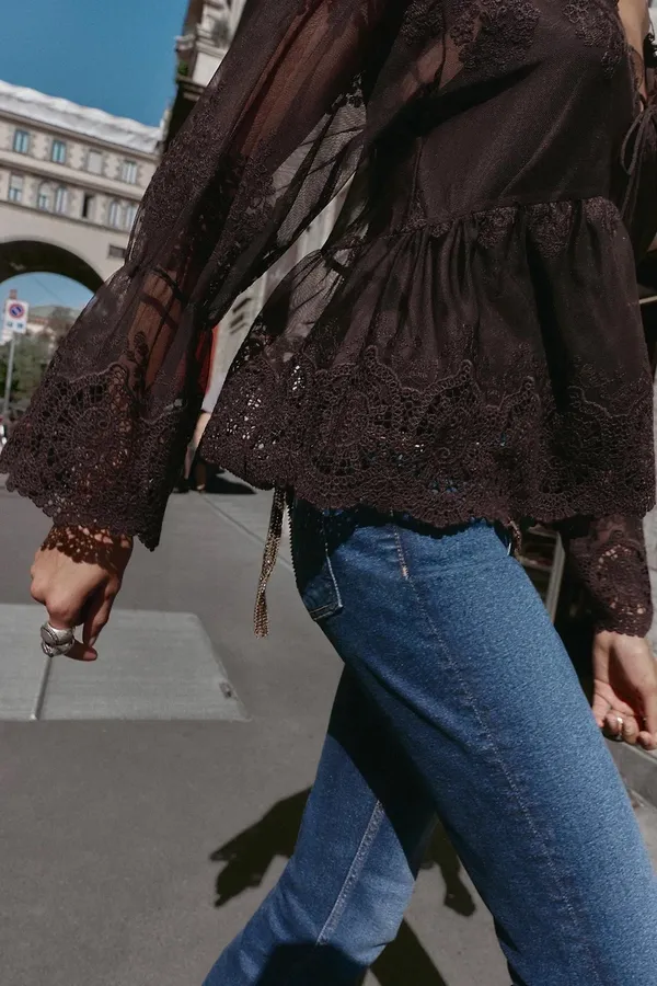 ZARA Sheer Brown Lace-Trim Peasant Bohemian Flared Sleeve Blouse Top - Image 6
