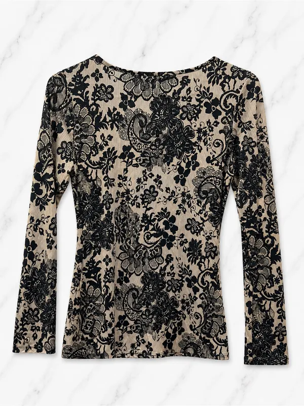 ⁠VENUS Ruched Front Lace Trim V-Neck Long Sleeve Top Black Nude Beige | Small - Image 3