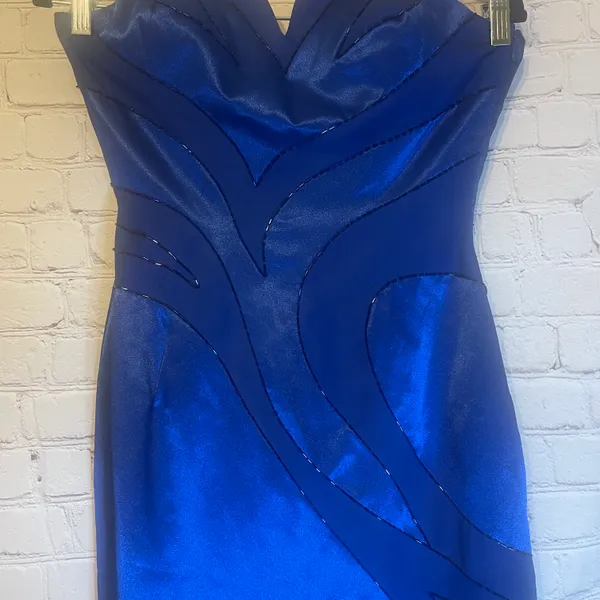 Showtime Collection Blue Satin Beaded Gown, 6 - Image 3