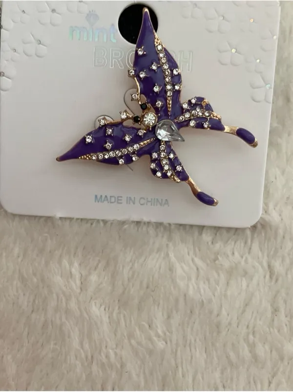 Mint Purple Butterfly Brooch with Clear Rhinestones - Image 2