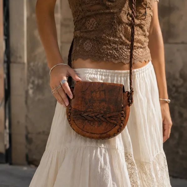 Vintage Boho Coastal Cowgirl Leather Hand Tooled Saddle Bag With Braided Strap - Image 11