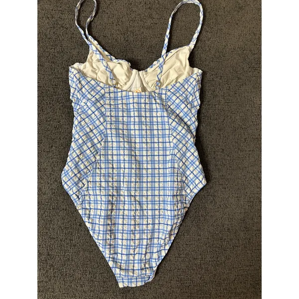 Tory Burch Check Plaid Gingham Swimsuit size M Underwire Blue White Seersucker - Image 2