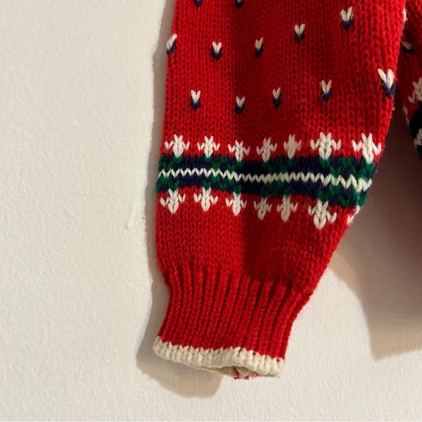 Vintage Red Knit Geometric Fair Isle Mock Neck Sweater Ski Nordic Winter - Image 4