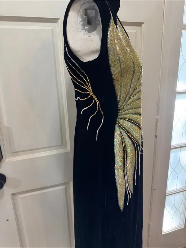 Unbranded Vintage 80s Beaded Soft Velvet Dress, Starburst Sequin Gown - Image 9