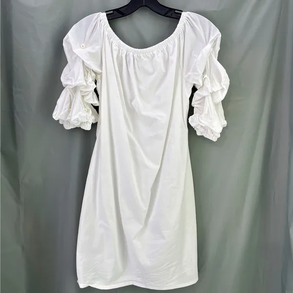 Sam and Jess WHITE Shift Dress Pearl Sleeves Midi On/Off Shoulder Preppy - Image 5