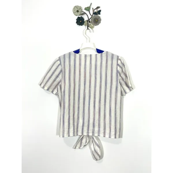 Madewell Agency Button Front Top in Sarasota Stripe Ivory Size Medium Tie Hem - Image 8