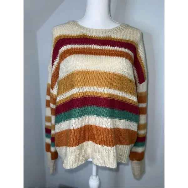 Women’s Striped Fall Oranges/Maroon/Cream Knit Sweater Medium - Image 8