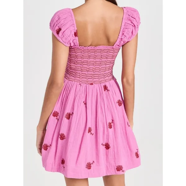 NWT Free People Tory Embroidered Mini Dress Pink Smocked Floral Boho Size Large - Image 4