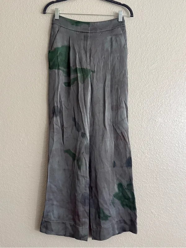 Veronica Beard 0 Robinne Wide Leg Pleated Trousers Gray Green Watercolor Artwear - Image 5