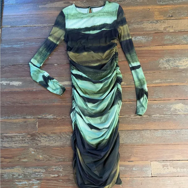 Anthropologie Ruched Sheer Mesh Bodycon Midi Dress Green Black XS🧡🍄 - Image 6