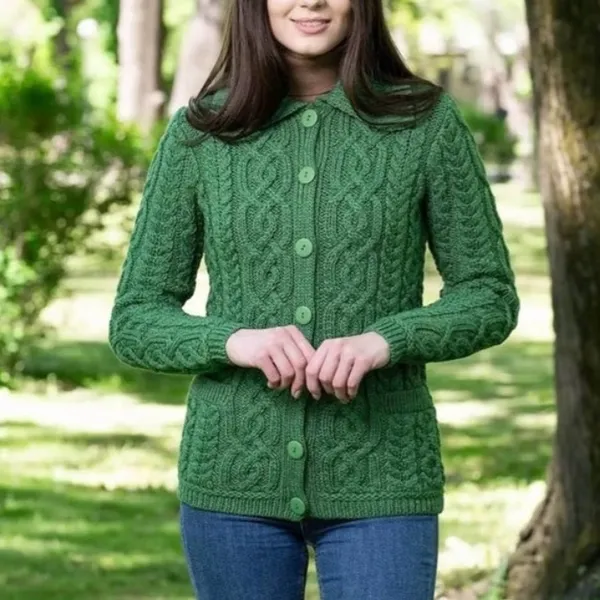 Saol XS Aran Irish Cardigan Cable Knit Merino Wool Green St. Patrick’s Day - Image 3