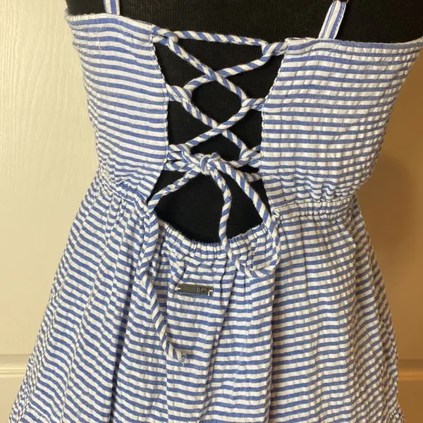 Blue Mini Stripe Nautical Lace Up Back Tiered Cami Dress - Image 3