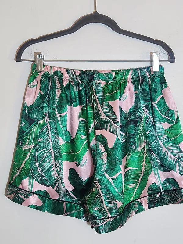 Green and Pink Tropical Palm Print Satin Pajama Set Size Large - Image 5