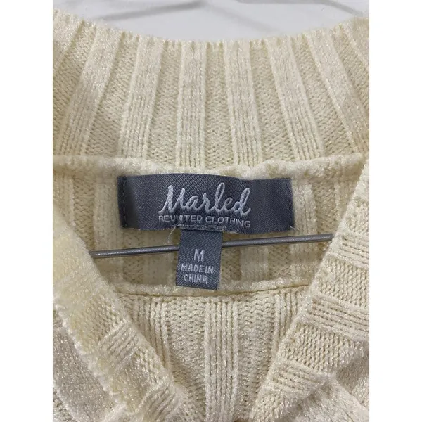 Marled Cream Cable Knit Mock Neck Sweater M Cozy Chunky Ribbed Winter Pullover - Image 4