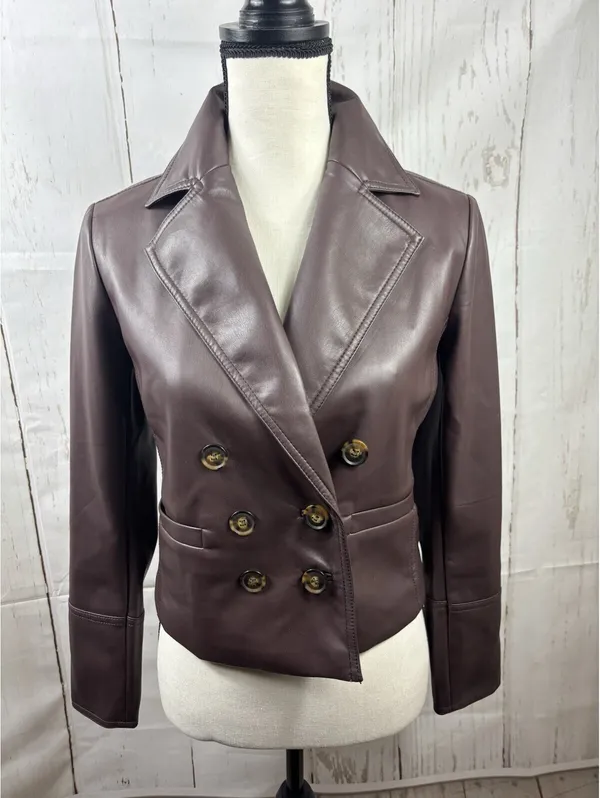 LOFT Versa Faux Leather Cropped Double Breasted Blaze Sz XSP Brown Espresso - Image 4
