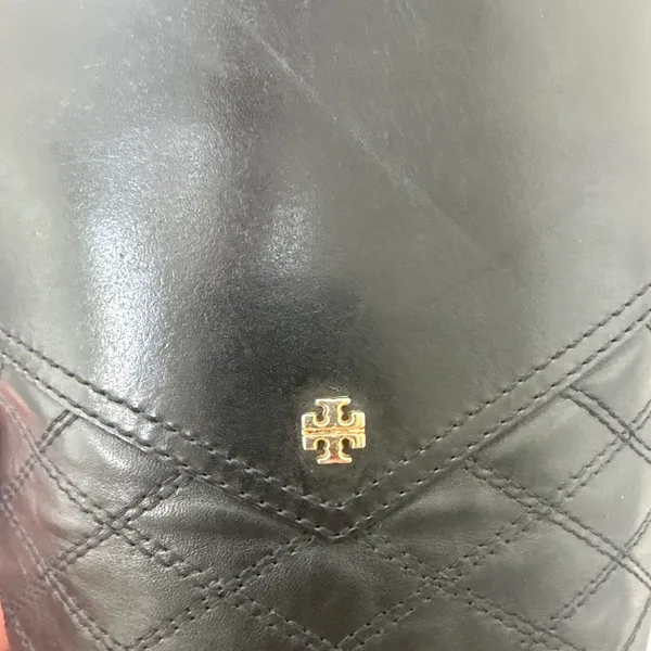 Tory Burch Claremont Quilted Leather Riding Boots Black Gold Logo 8.5 - Image 10