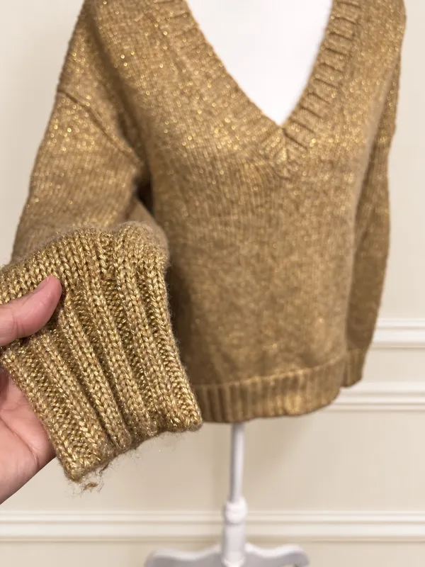 Lauren Ralph Lauren Gold Metallic V-Neck Sweater Women’s S Holiday - Image 4
